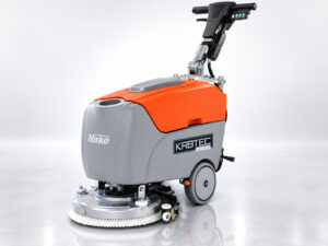Hako Scrubmaster B12 walk-behind floor scrubber with Kirbtech branding