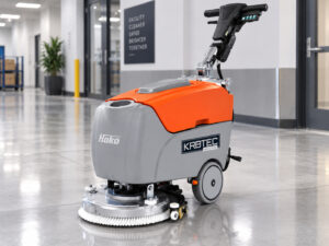 Hako Scrubmaster B12 walk-behind floor scrubber with Kirbtech branding