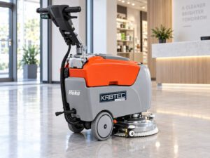 Hako Scrubmaster B12 walk-behind floor scrubber with Kirbtech branding