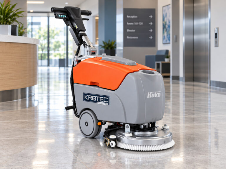 Hako Scrubmaster B12 walk-behind floor scrubber with Kirbtech branding