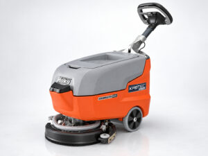Hako Scrubmaster B25 walk-behind floor scrubber with Kirbtech branding