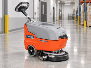 Hako Scrubmaster B25 walk-behind floor scrubber with Kirbtech branding