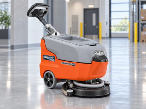 Hako Scrubmaster B25 walk-behind floor scrubber with Kirbtech branding