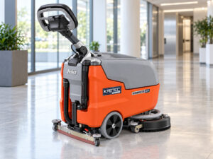 Hako Scrubmaster B25 walk-behind floor scrubber with Kirbtech branding