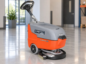 Hako Scrubmaster B30 walk-behind floor scrubber with Kirbtech branding