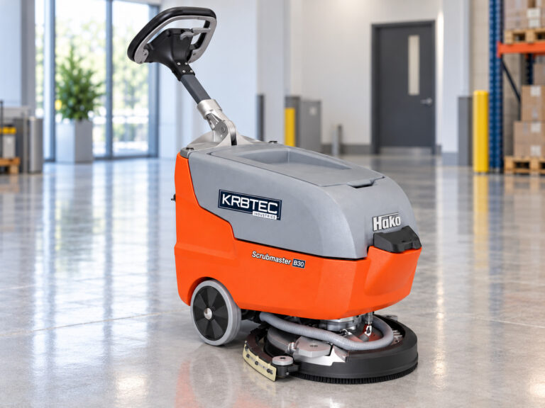 Hako Scrubmaster B30 walk-behind floor scrubber with Kirbtech branding