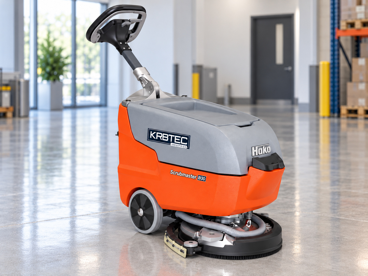 Hako Scrubmaster B30 walk-behind floor scrubber with Kirbtech branding