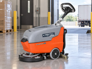 Hako Scrubmaster B30 walk-behind floor scrubber with Kirbtech branding