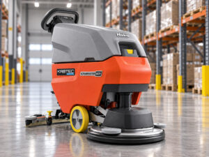 Hako Scrubmaster B35 walk-behind floor scrubber with Kirbtech branding