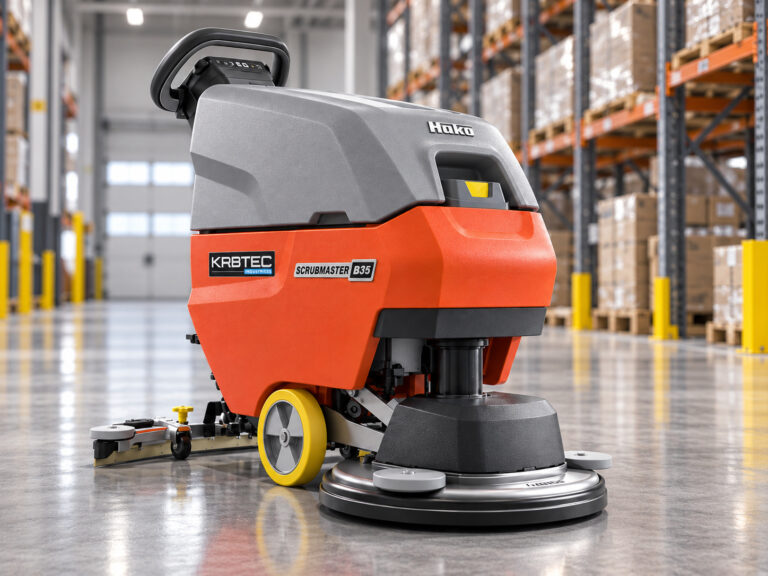 Hako Scrubmaster B35 walk-behind floor scrubber with Kirbtech branding