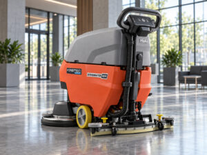 Hako Scrubmaster B35 walk-behind floor scrubber with Kirbtech branding