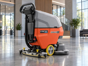 Hako Scrubmaster B35 walk-behind floor scrubber with Kirbtech branding