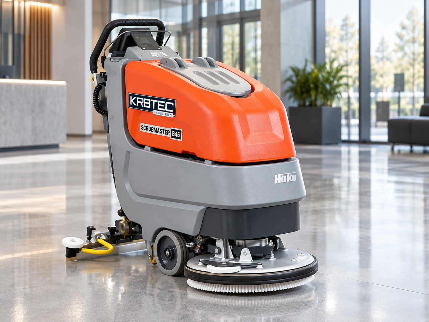 Hako Scrubmaster B45 walk-behind floor scrubber with Kirbtech branding