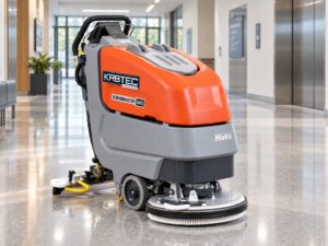 Hako Scrubmaster B45 walk-behind floor scrubber with Kirbtech branding
