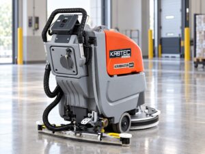 Hako Scrubmaster B45 walk-behind floor scrubber with Kirbtech branding