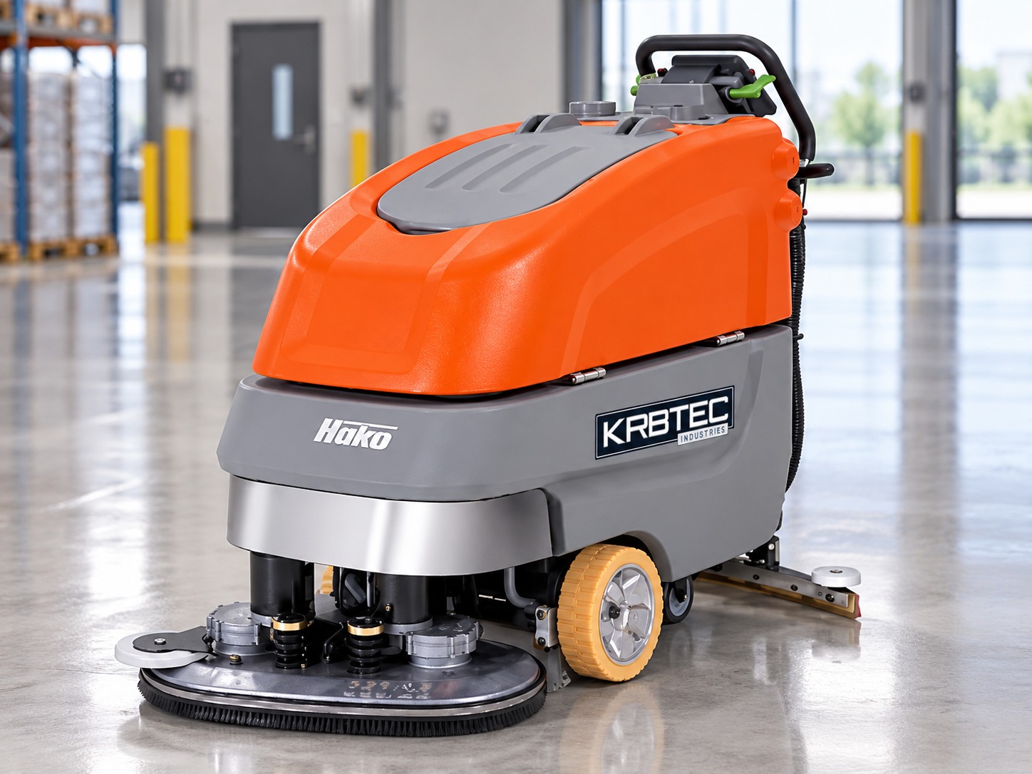 Hako Scrubmaster B70 walk-behind floor scrubber with Kirbtech branding
