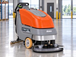 Hako Scrubmaster B70 walk-behind floor scrubber with Kirbtech branding