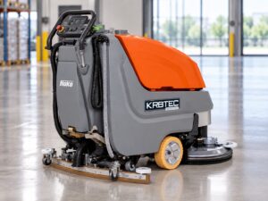Hako Scrubmaster B70 walk-behind floor scrubber with Kirbtech branding