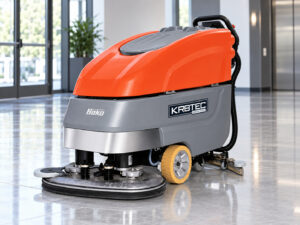 Hako Scrubmaster B90 CL walk-behind floor scrubber with Kirbtech branding