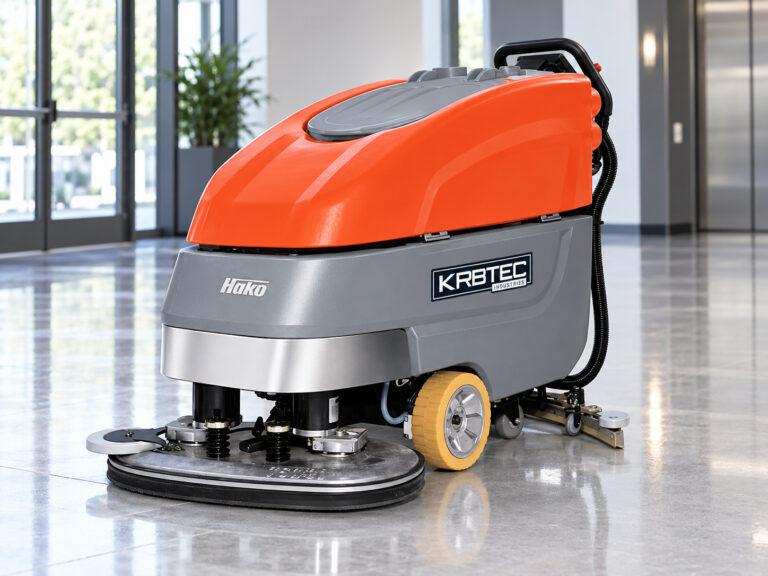 Hako Scrubmaster B90 CL walk-behind floor scrubber with Kirbtech branding