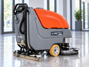 Hako Scrubmaster B90 CL walk-behind floor scrubber with Kirbtech branding