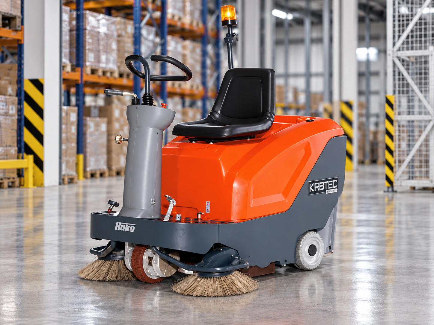 Hako Sweepmaster 980R/RH ride-on floor sweeper with Kirbtech branding