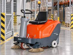 Hako Sweepmaster 980R/RH ride-on floor sweeper with Kirbtech branding