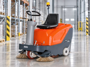 Hako Sweepmaster B800R ride-on floor sweeper with Kirbtech branding