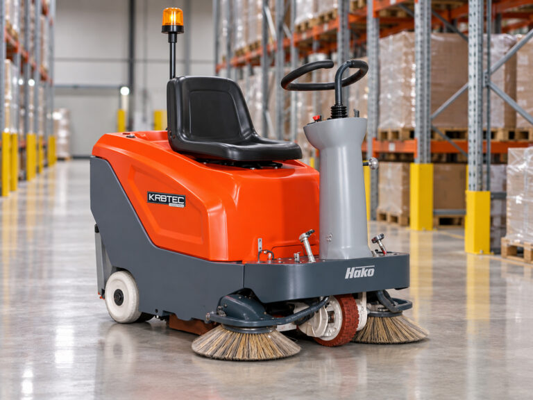 Hako Sweepmaster B800R ride-on floor sweeper with Kirbtech branding