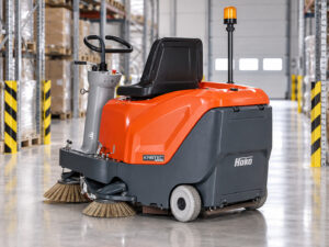 Hako Sweepmaster B800R ride-on floor sweeper with Kirbtech branding