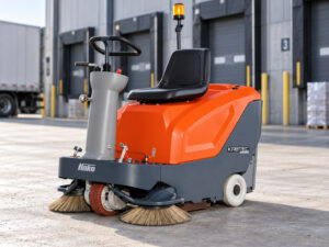 Hako Sweepmaster B800R ride-on floor sweeper with Kirbtech branding