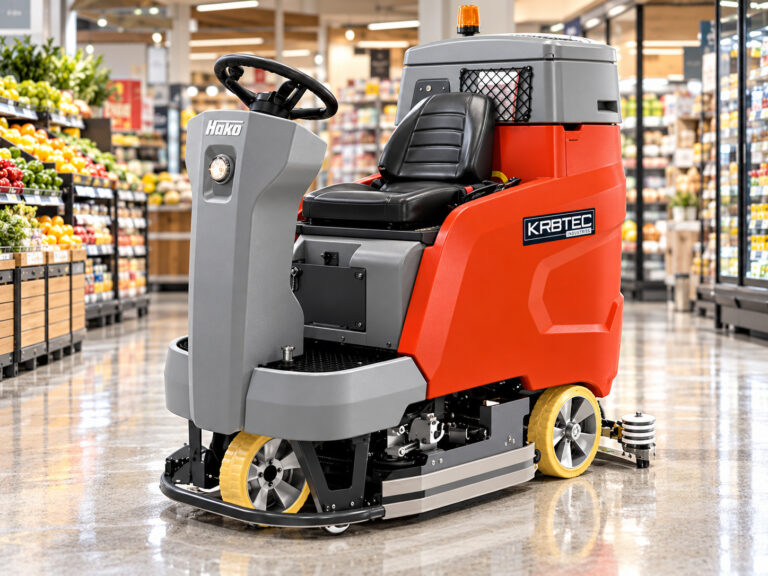 Hako Scrubmaster B120R ride-on floor scrubber in a supermarket