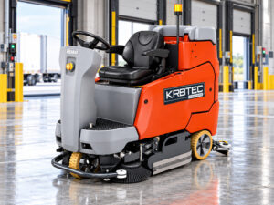 Hako Scrubmaster B175R ride-on floor scrubber at a loading dock