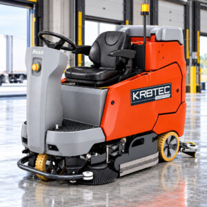 Hako Scrubmaster B175R ride-on floor scrubber at a loading dock