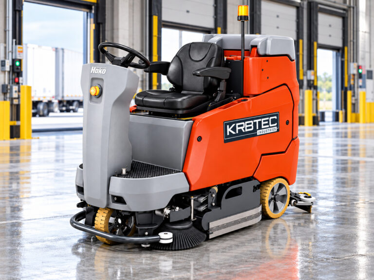 Hako Scrubmaster B175R ride-on floor scrubber at a loading dock