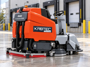 Hako Scrubmaster B260R ride-on floor scrubber at a loading dock