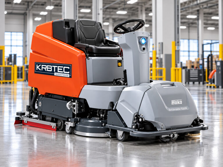 Hako Scrubmaster B260R ride-on floor scrubber in a warehouse