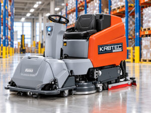 Hako Scrubmaster B260R ride-on floor scrubber in a warehouse aisle