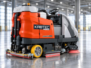 Hako Scrubmaster B400 R ride-on floor scrubber in an industrial warehouse