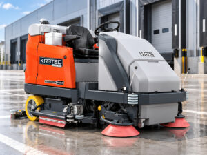 Hako Scrubmaster B400 R ride-on floor scrubber at a loading dock