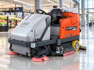 Hako Scrubmaster B400 R ride-on floor scrubber in a modern concourse