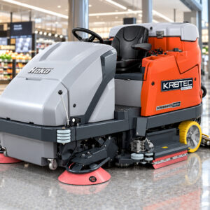 Hako Scrubmaster B400 R ride-on floor scrubber in a modern concourse