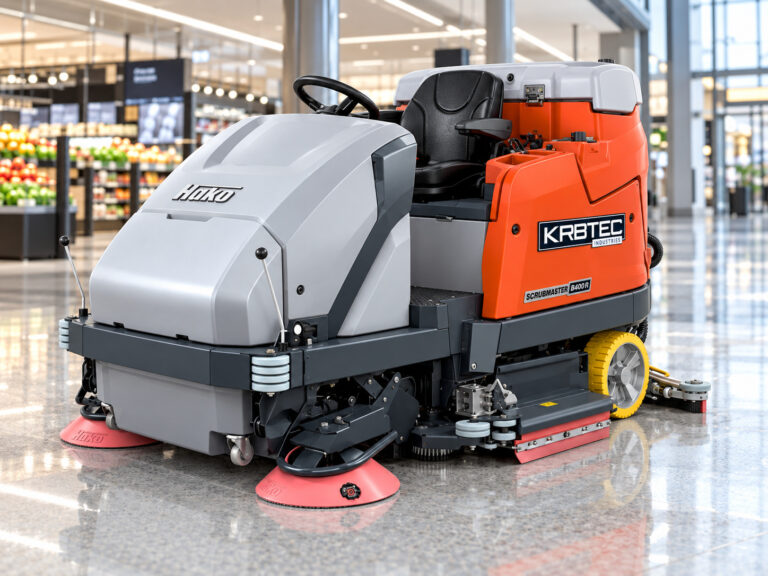 Hako Scrubmaster B400 R ride-on floor scrubber in a modern concourse
