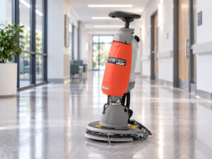 Hako Scrubmaster B5 walk-behind floor scrubber in a corridor