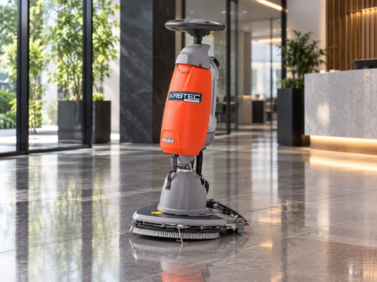 Hako Scrubmaster B5 walk-behind floor scrubber in a commercial lobby