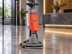 Hako Scrubmaster B5 walk-behind floor scrubber in a commercial lobby