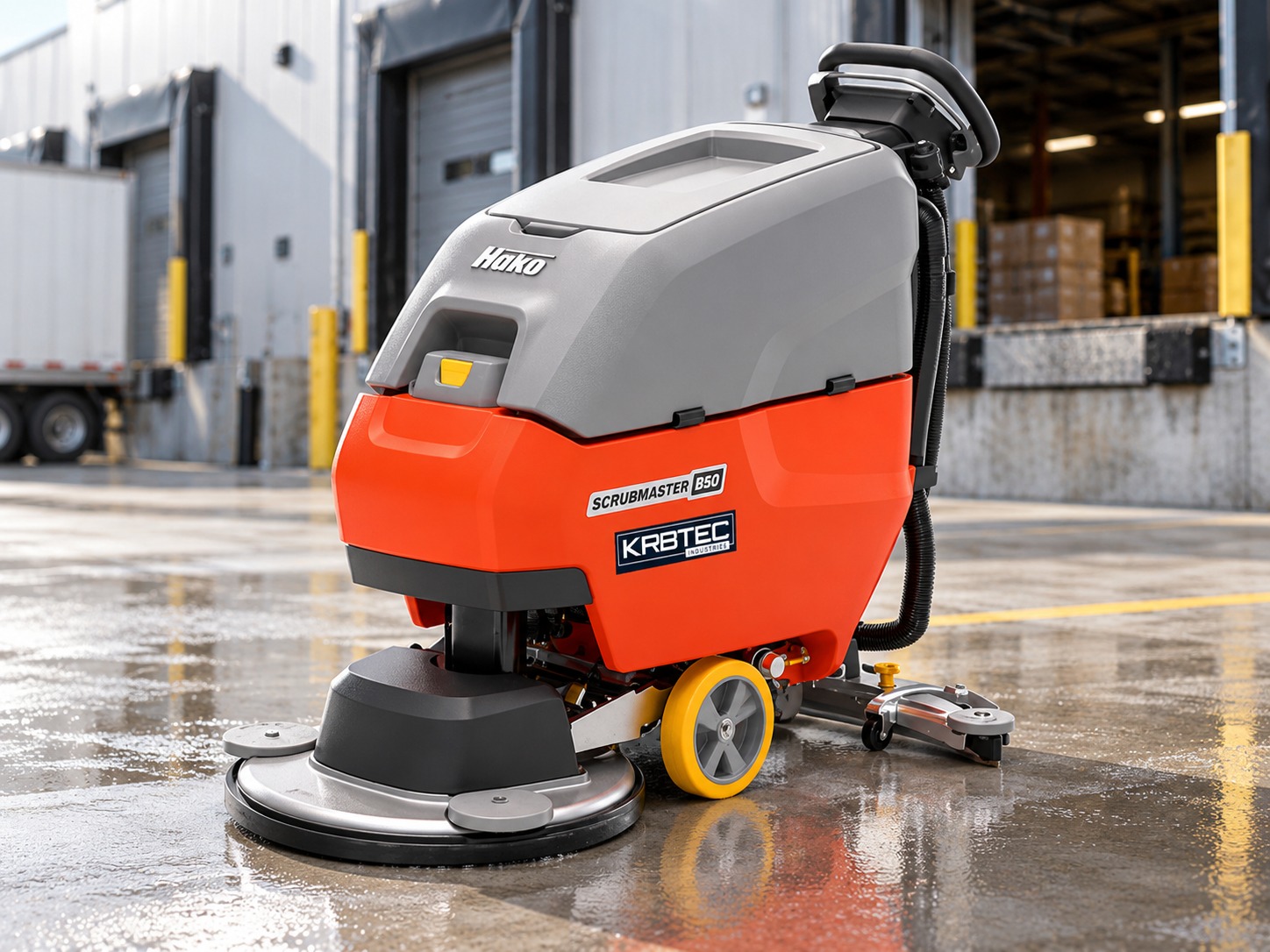 Hako Scrubmaster B50 walk-behind floor scrubber at a loading dock
