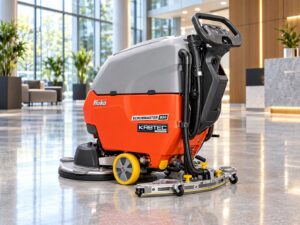 Hako Scrubmaster B50 walk-behind floor scrubber in a commercial lobby