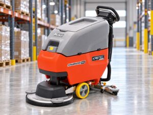 Hako Scrubmaster B50 walk-behind floor scrubber in a warehouse