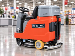 Hako Scrubmaster B75R ride-on floor scrubber in a supermarket